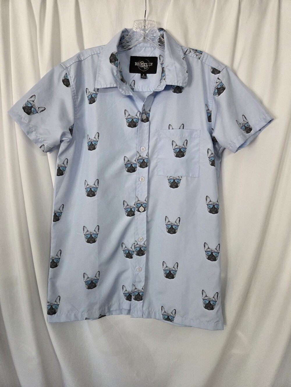 Brooklyn Supply Light Blue Short Sleeve Button-Down French Bulldog Print Size S